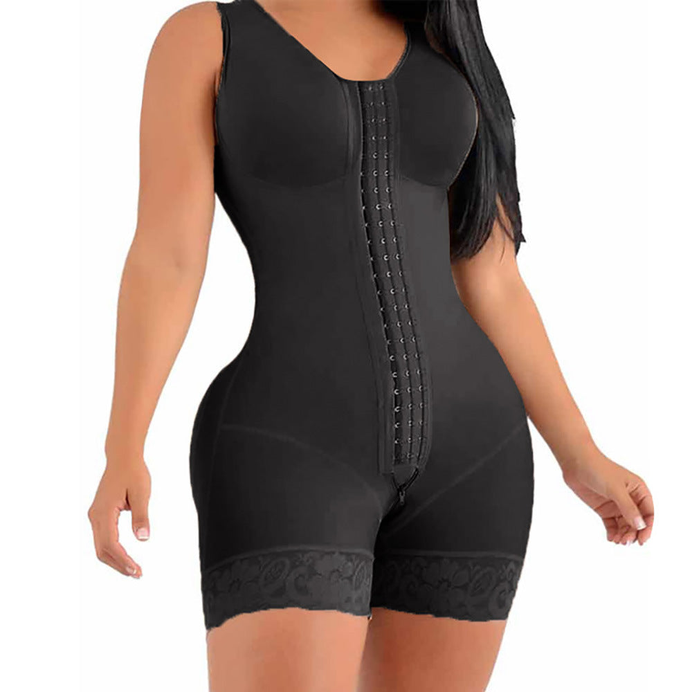 Black shapewear garment on a model against a white background