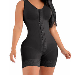 Black shapewear garment on a model against a white background