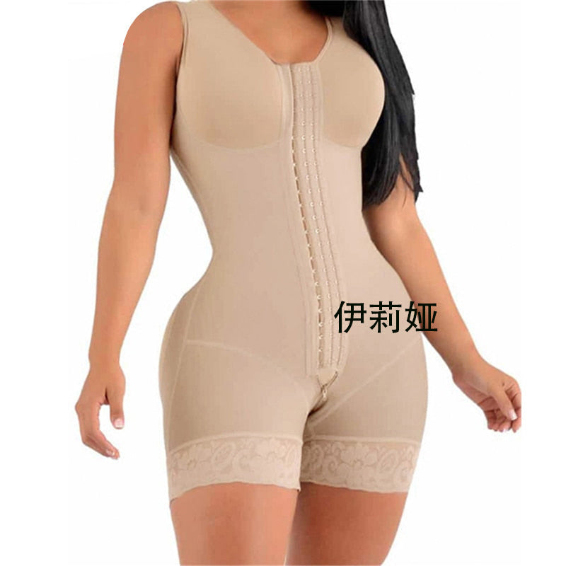 Beige shapewear garment worn by a model on a white background