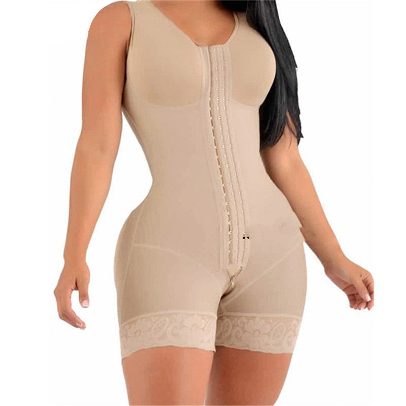 Beige shapewear garment worn by a model on a white background