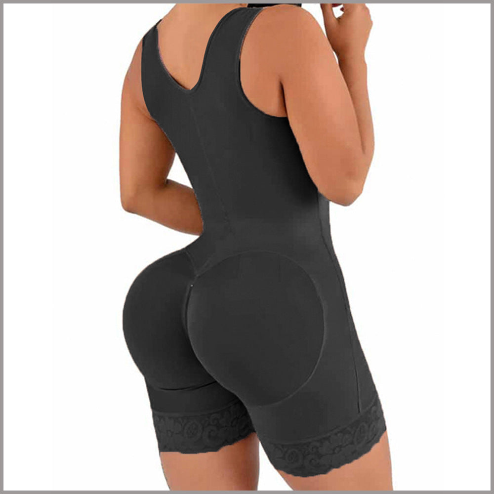 Black shapewear garment worn by a person on a white background