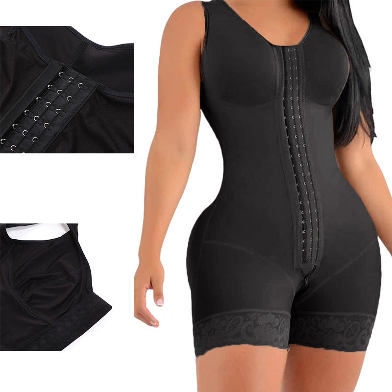 Black shapewear with detailed stitching and lace trim on a white background