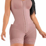 Pink body shaper worn by a model on a white background