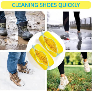 Collage of people cleaning shoes with a focus on yellow cleaning products.