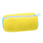 Yellow textured pouch with a light blue zipper on a white background