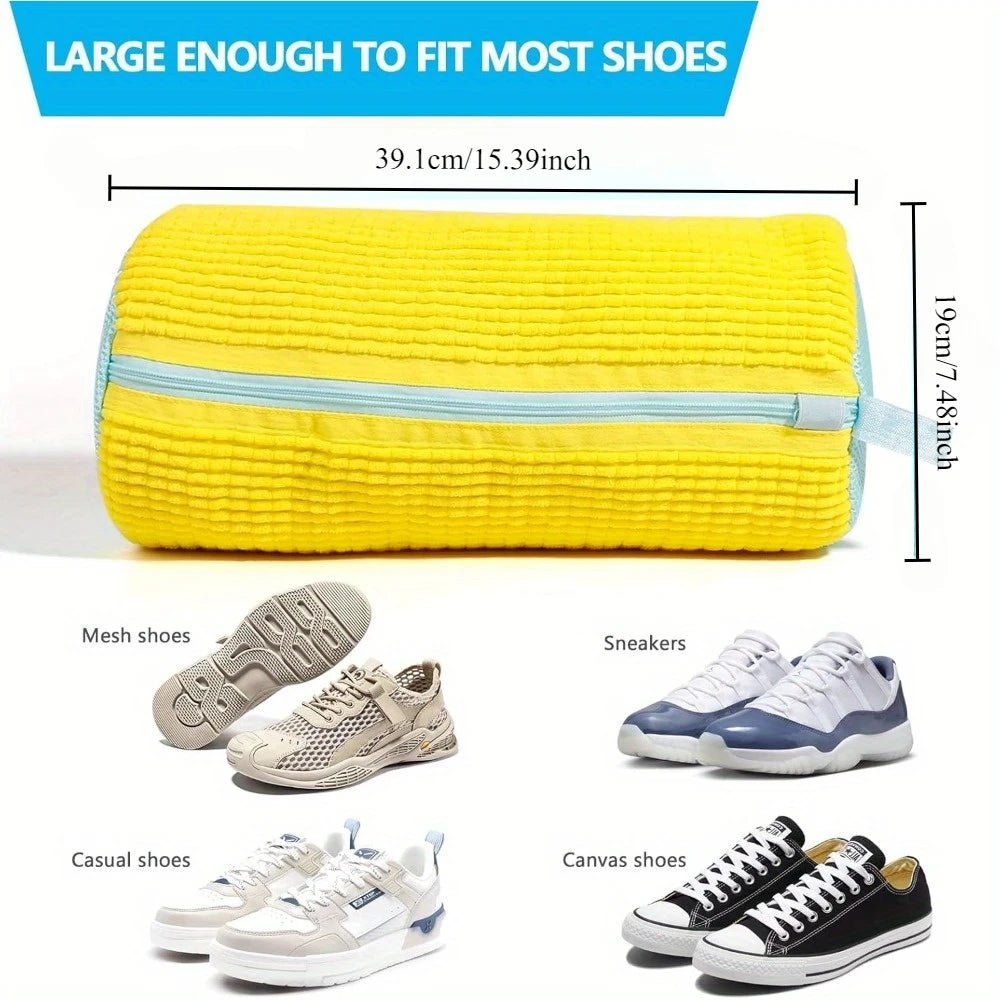 Yellow shoe storage bag with dimensions and examples of shoes it can fit.