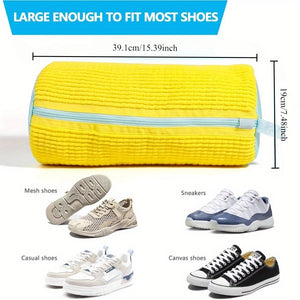 Yellow shoe storage bag with dimensions and examples of shoes it can fit.