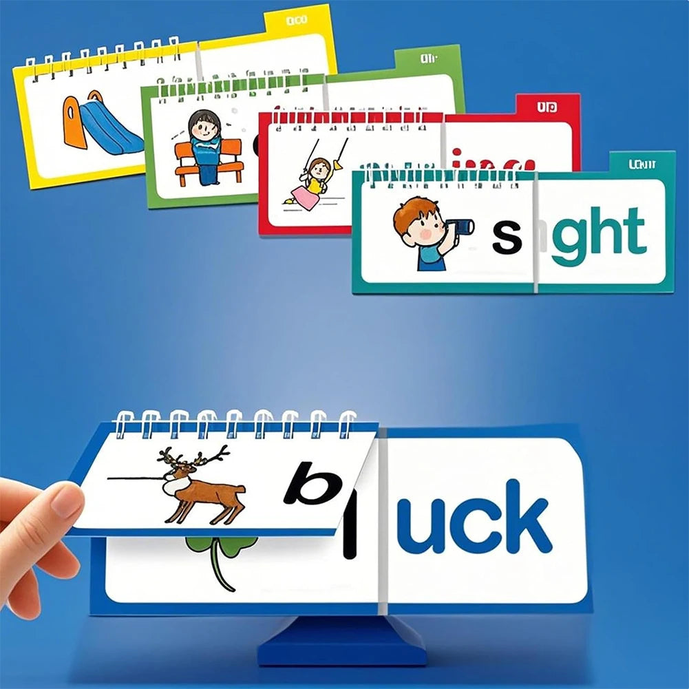 Educational card with letters and images on a blue background