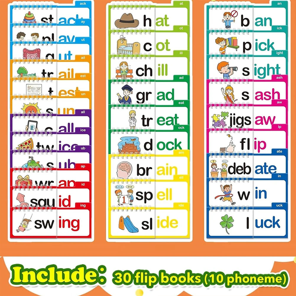 Set of educational flashcards with phonetic words and illustrations on an orange background.