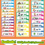 Set of educational flashcards with phonetic words and illustrations on an orange background.