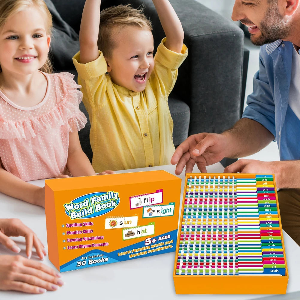 Children and a person playing with educational games and books on a table.