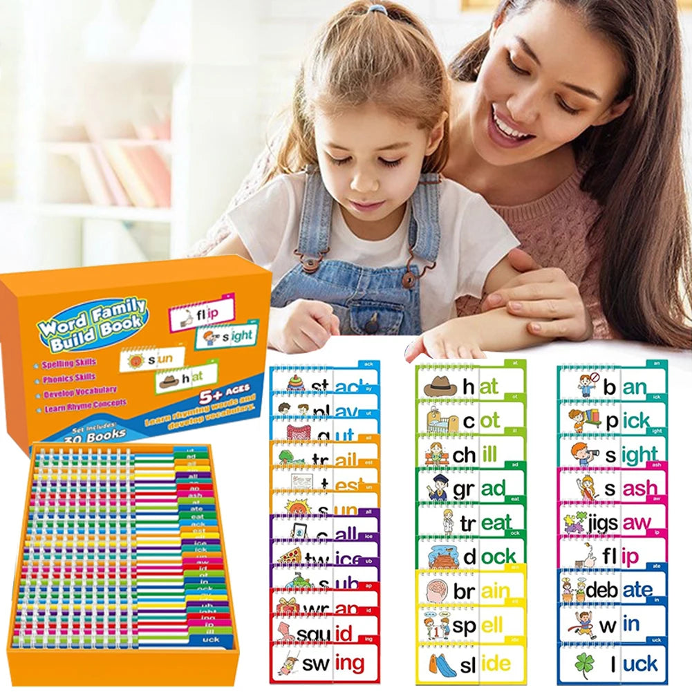 Woman and child with educational word family book and flashcards