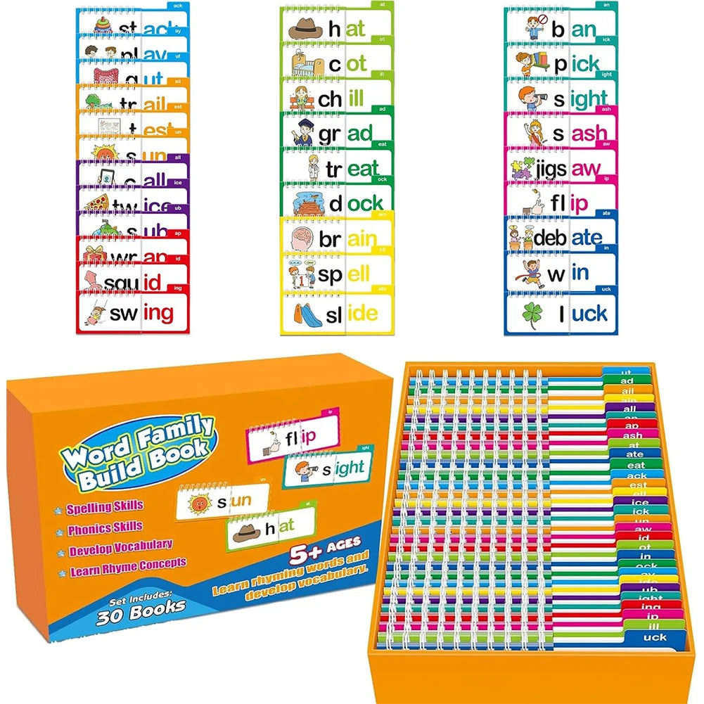 Educational word family building book set with colorful flashcards and packaging.