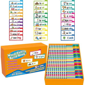 Educational word family building book set with colorful flashcards and packaging.