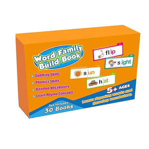 Orange box of 'Word Family Build Book' educational set on a white background