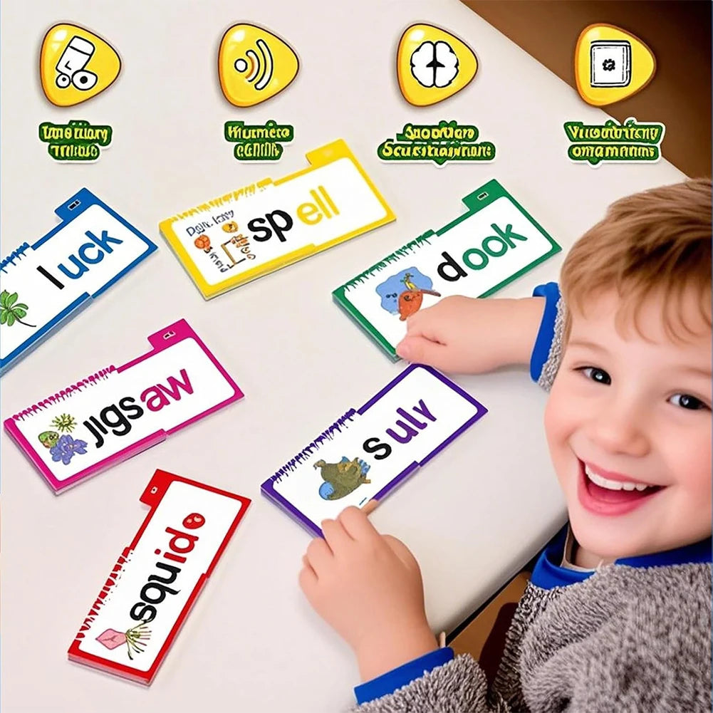 Child playing with educational flashcards on a table, surrounded by various flashcards with letters and words.