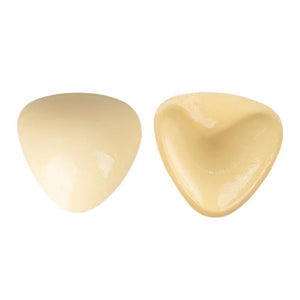 Two beige triangular plastic pieces on a white background