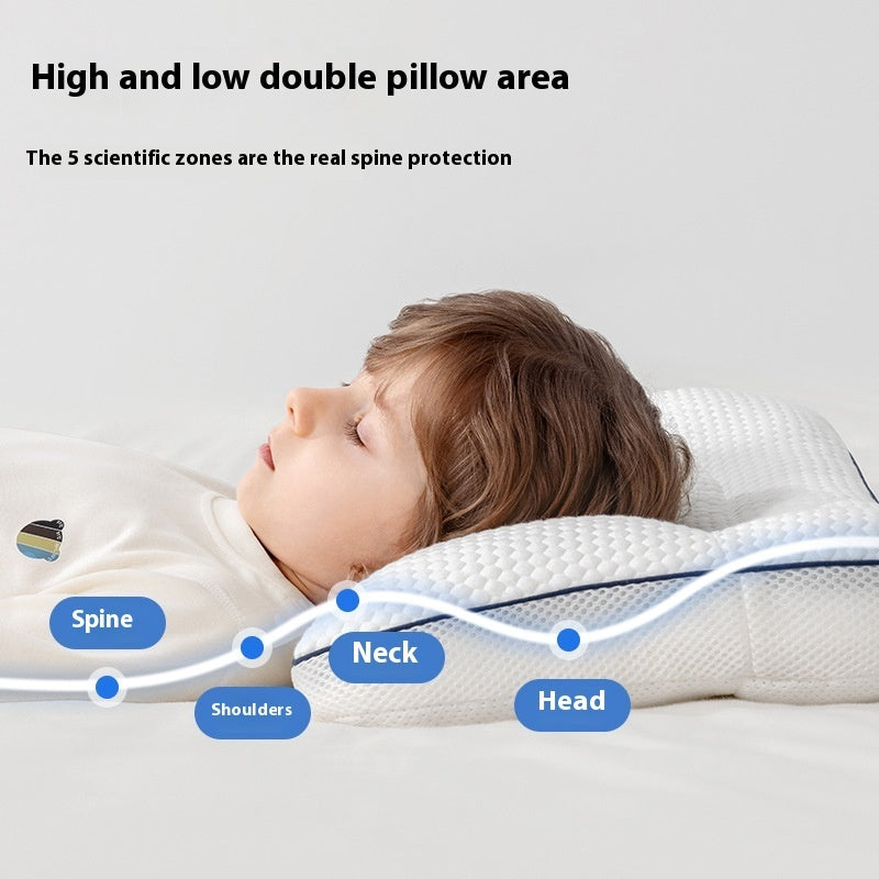 Child lying on a high and low double pillow with labeled spine protection zones.