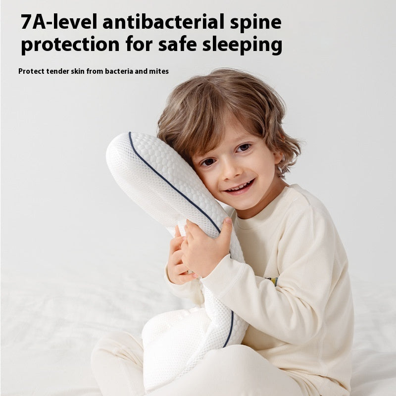 Child holding a white pillow with text about antibacterial spine protection