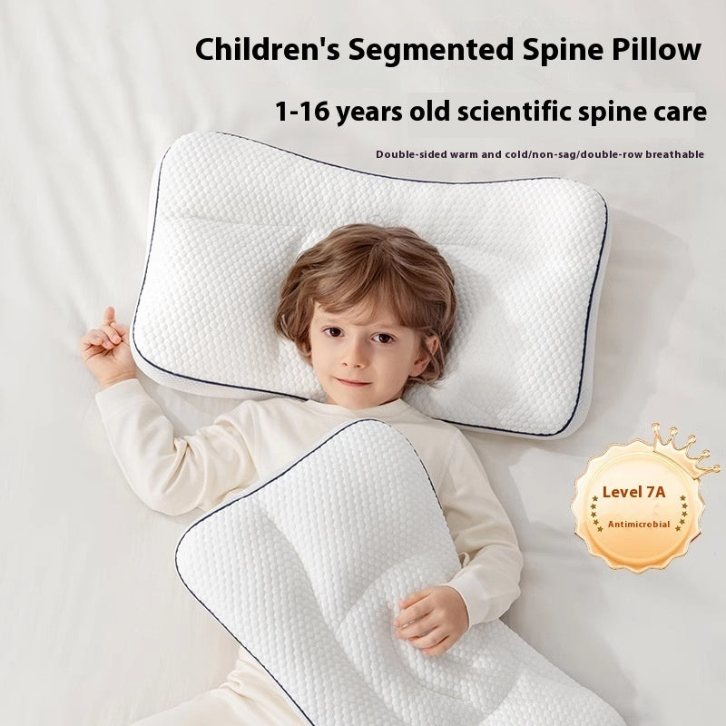 Child lying on a children's segmented spine pillow with product details above.