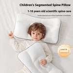 Child lying on a children's segmented spine pillow with product details above.