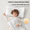 Child lying on a children's segmented spine pillow with product details above.