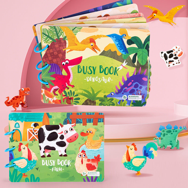Children's busy books with dinosaur and farm designs on a pink background