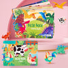 Children's busy books with dinosaur and farm designs on a pink background