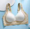 Beige and white bra on a light blue background