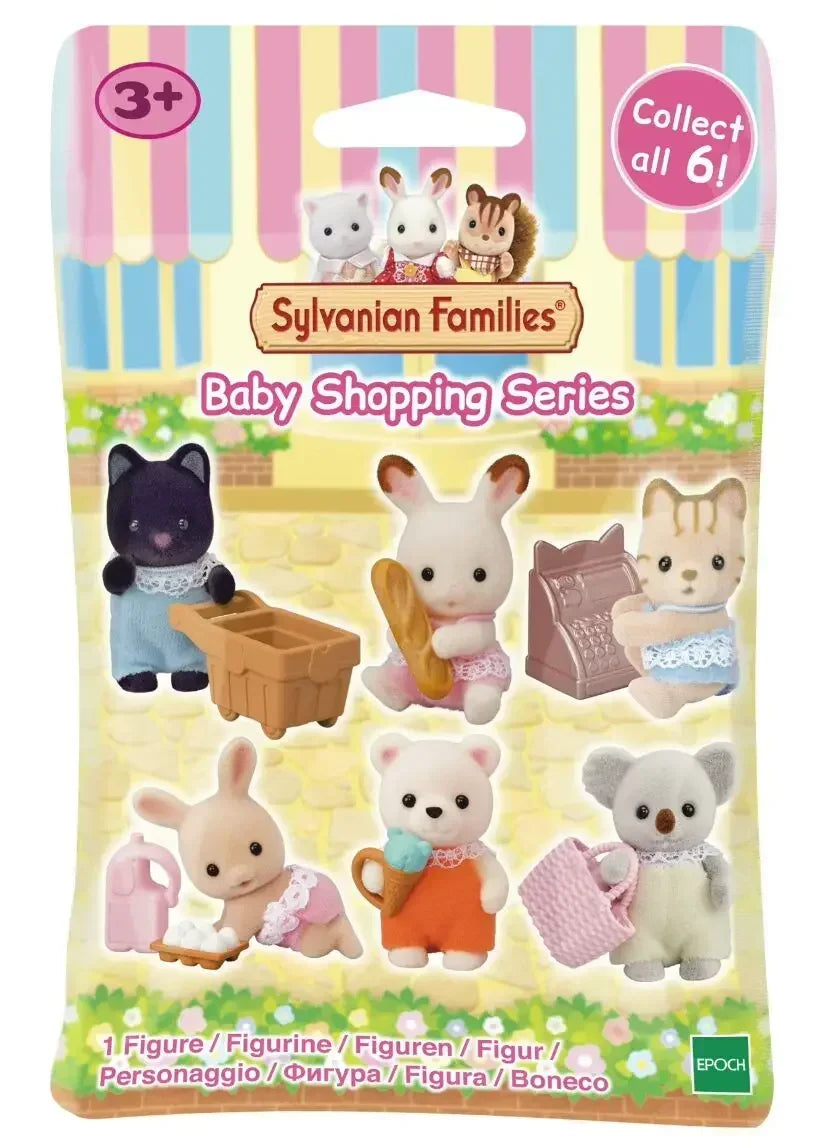 Sylvanian Families baby shopping series packaging with figures and accessories.