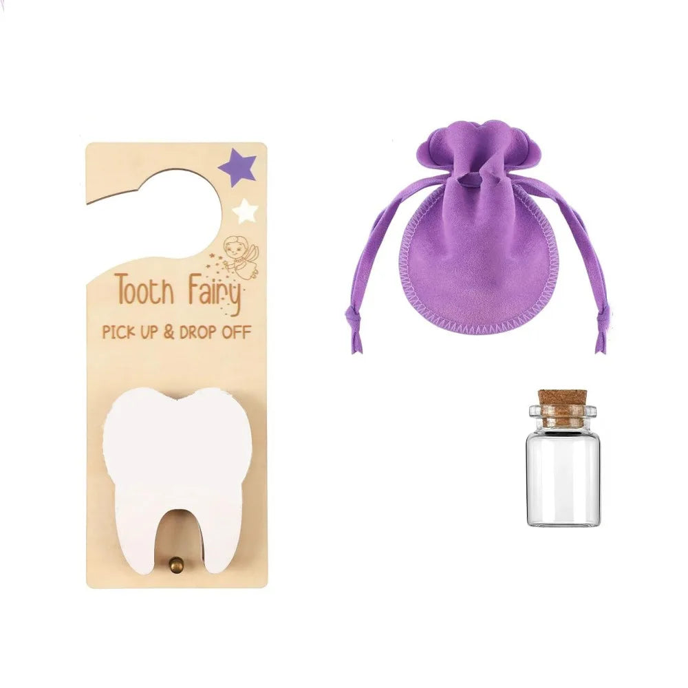 Tooth Fairy kit with wooden plaque, purple pouch, and glass jar on a white background