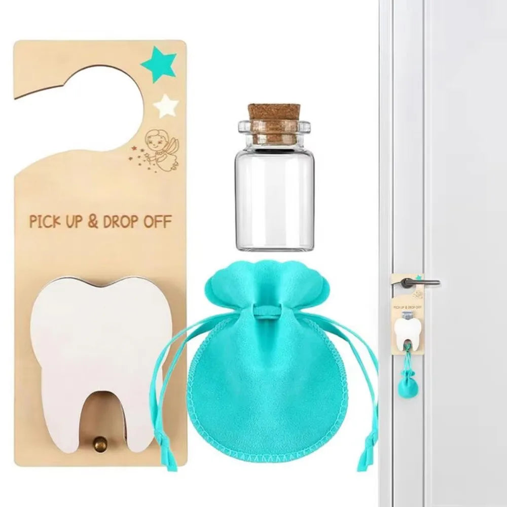 Teeth-themed product set with glass jar, turquoise pouch, and wooden sign on a white background