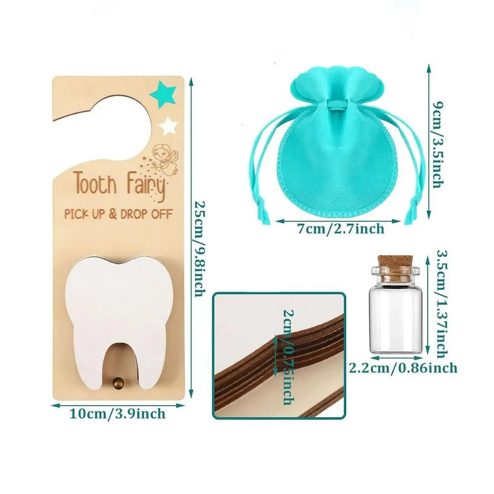 Tooth fairy kit with measurements on a white background