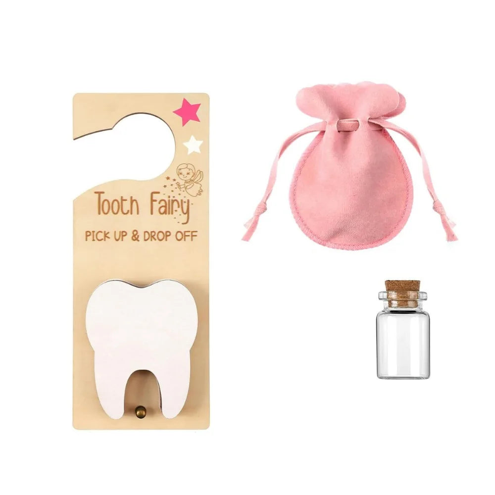 Tooth Fairy kit with pink pouch, wooden plaque, and glass bottle on a white background