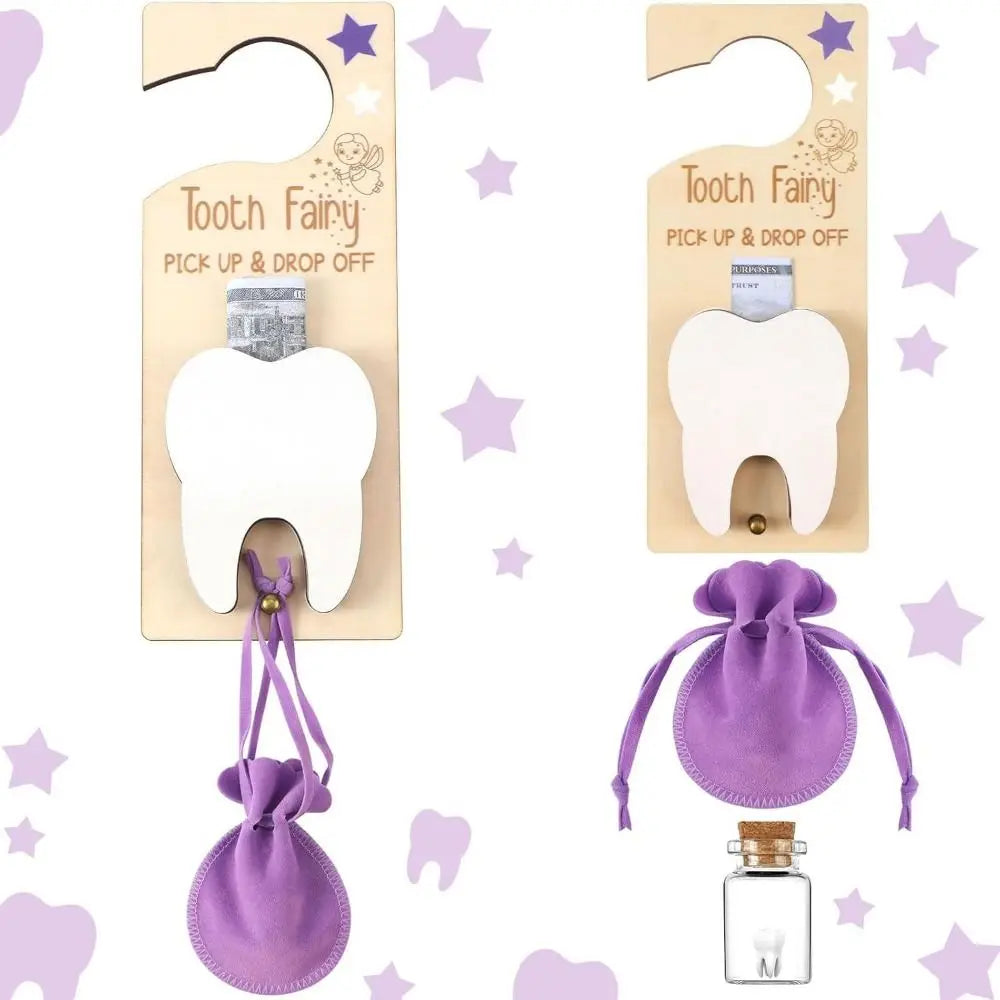 Tooth Fairy pick-up and drop-off kit with purple pouches and bottle on a white background with star decorations.