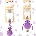 Tooth Fairy pick-up and drop-off kit with purple pouches and bottle on a white background with star decorations.
