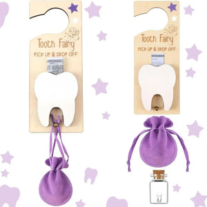 Tooth Fairy pick-up and drop-off kit with purple pouches and bottle on a white background with star decorations.