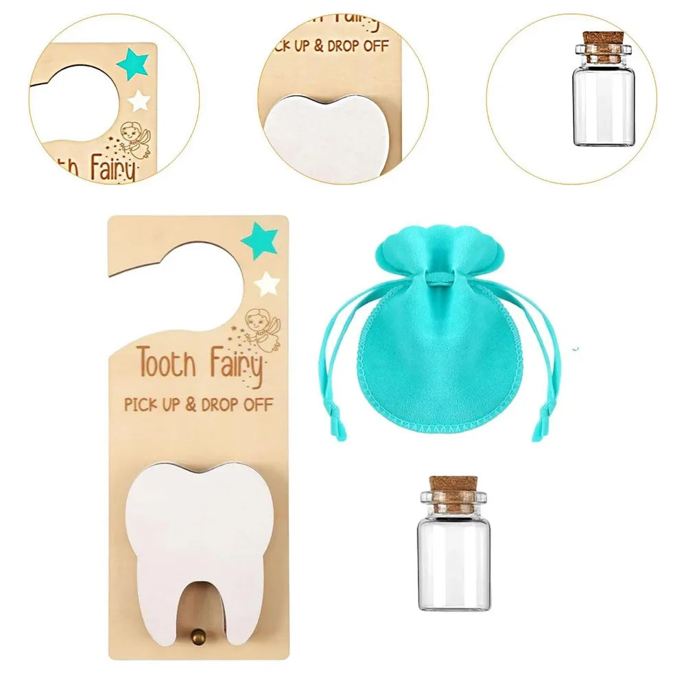 Tooth fairy kit with wooden holder, turquoise pouch, and glass jar on a white background