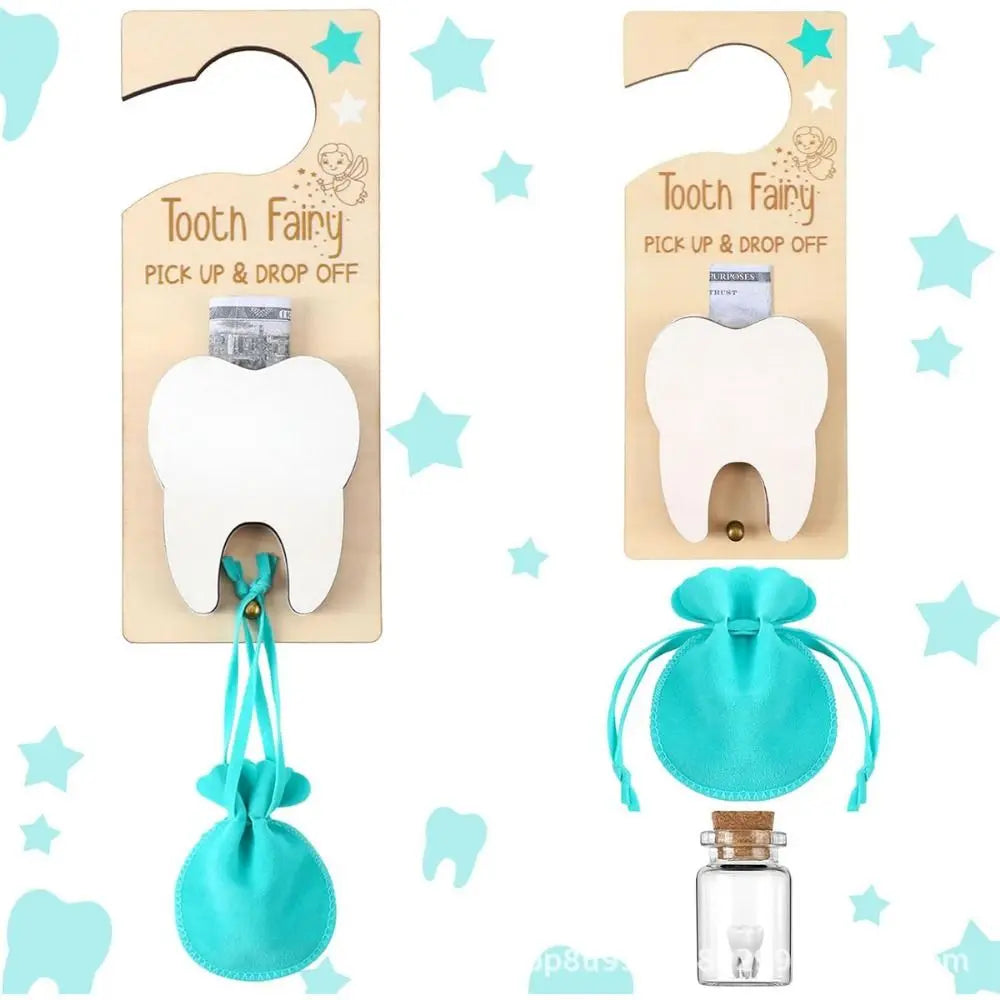 Two packages of tooth fairy picks with a turquoise pouch and glass bottle on a star-patterned background.