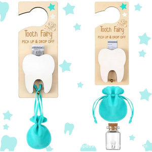 Two packages of tooth fairy picks with a turquoise pouch and glass bottle on a star-patterned background.