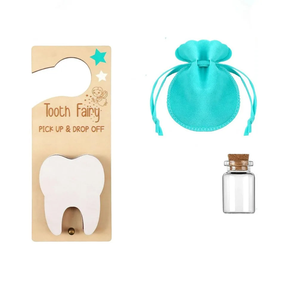 Tooth Fairy kit with wooden plaque, turquoise pouch, and glass jar on a white background