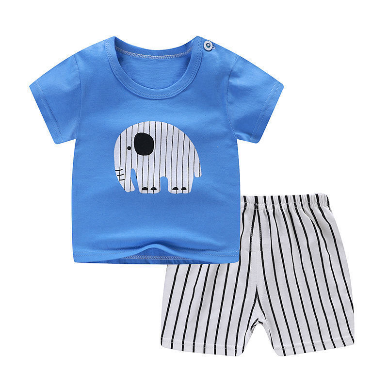 Blue t-shirt with elephant design and striped shorts on a white background
