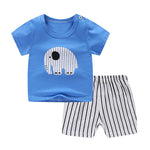 Blue t-shirt with elephant design and striped shorts on a white background