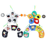 Colorful baby toy with animal designs on a white background