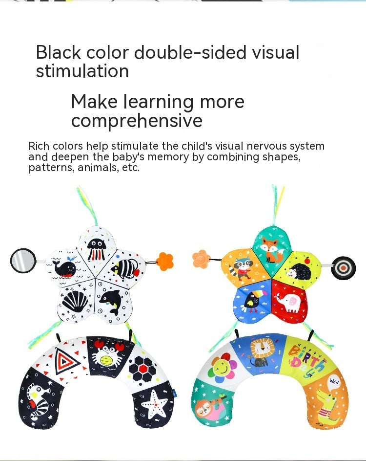 Double-sided visual stimulation toy with colorful designs and text on a white background