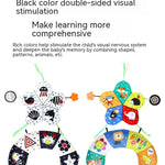 Double-sided visual stimulation toy with colorful designs and text on a white background