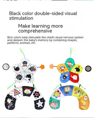 Double-sided visual stimulation toy with colorful designs and text on a white background