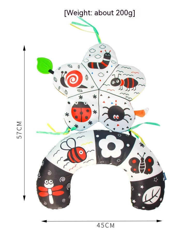 Children's neck pillow with insect designs and measurements on a white background