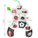 Children's neck pillow with insect designs and measurements on a white background