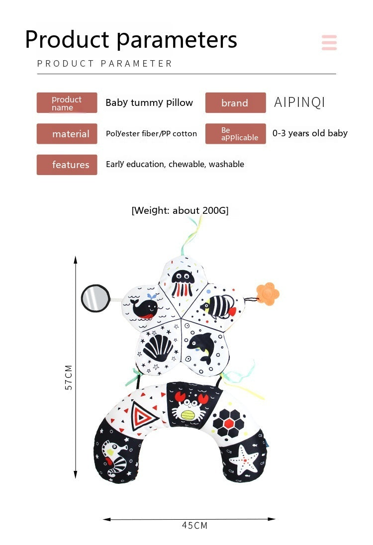 Product parameters of a baby tummy pillow with AIPINQI branding on a white background.